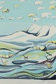Aka Høegh, Grønlandsk kunstmaler. Farvelitografi på papir.Grønlandsk fjeldlandskab med ...