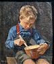 Aigens, Christian (1870 - 1940) Danmark: En dreng spiser grød. Olie på lærred. Signeret. 60 x 53 ...