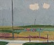 Gotthard 
Sandberg 
(1890-1961), 
svensk 
kunstner, olie 
på plade. 
Modernistisk 
landskab med 
heste ...