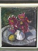 Ruth Weber 
(1894-1977):
Opstilling på 
bord med 
blomster i vase 
og frugt.
Olie på ...