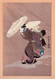 Fujimaro Kitagawa (1790-1850) Træsnit på japanpair. Snelandskab med kvinde I traditionelle ...