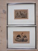 Johannes Larsen (1867 -1961) - to små indrammede  træsnit - motiver: Agerhønsepar og Stork med ...