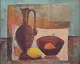 Swedish artist, oil on board.
Modernist still life with a pitcher and lemon.