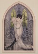 Louis Icart 
(1888-1950). 
Farvelitografi 
på japanpapir. 
Elegant kvinde 
med buket af 
roser i en ...