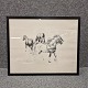 Indrammet 
tegning med 
træramme. 
Skitse i sort 
fineliner med 
motiv af tre 
heste
Signeret med 
...