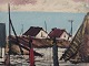 Peder Brøndum 
Sørensen 
(1931-2003) 
dansk maler, 
olie på lærred. 
”Figurer og 
huse ved 
havet”. ...