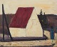 Peder Brøndum Sørensen (1931-2003), Danish painter, oil on board.
Modernist motif with figure by a house.
