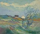 Aage Strand, Danish painter, oil on canvas. Modernist landscape.