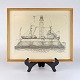 Glasindrammet litografisk tryk i sort og hvid med motiv af skib i dok. No 308/400Kunstner ...