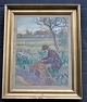 Munk, Anna E. 
(1876 - 1960) 
Danmark: Mand 
holder 
frokostpause i 
landskab. 
Gouache på 
papir. ...