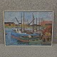 Maleri af 
oliemaling på 
lærred, med 
motiv af en 
havn med 
fiskekutterer 
og huse
Kunstner Poul 
...