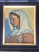 Maleri af 
Rud-Petersen - 
Kvinde med 
tørklæde 1901.