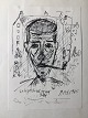 Peder Brøndum 
Sørensen 
(1931-2001):
Selvportræt 
med pibe 1965.
Tusch på papir 
monteret på ...