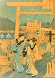 Japansk 
kunstner (19. 
årh): Kvinder 
på indkøb. 
Håndmalet på 
silke. 
Signeret. H: 24 
cm. B: 18 ...