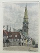 Martin Frederik 
Larsen 
(1881-1952):
Parti fra 
Christianshavn 
med Vor frelser 
Kirke.
Radering ...