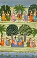 Indisk kunstner 
20. 
årh.: Krishna 
og kvindelige 
følgere i have. 
Gouache på 
silke. H: 100 
cm. B: ...