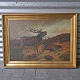 Oliemaleri på 
lærred, 
monteret i 
guldramme med 
motiv af to 
kronhjorte ved 
en lyngbakke. 
Dateret ...