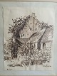 Lise Færch 
(1918-99):
Parti fra 
Korup Kirke ved 
Odense.
Tusch på papir
Sign.: Lise 
Færch ...
