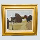 Painting by Jack Kampmann, motif of houses from the Faroe Islands.  With gold frame. Oil on ...