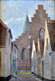 Frandsen, Frands (1885 - 1979) Danmark: Byparti med kirke. Olie på lærred/pap. Signeret. 22 x 15 ...