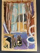 Lars Bertle (1925-2026):Åbentstående vindue i Atelieret.Farvekridt/pastel på papir.Sign.: ...