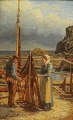 H. C. Koefoed 
maleri sign. 
monogram 
Fisker og 
fiskerkone 
ordner garn på 
havnen - 
Bornholm ...