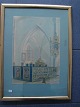 P. Krage (?):
Indrammet 
akvarel med 
lyseblå 
passepartout.
Kirkeinteriør 
(Budolfi??)
Sign.: P. ...