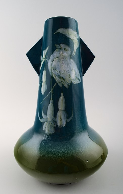 Jerome Massier Vallauris, French vase in ceramics, hand painted with a bird and 
flowers.