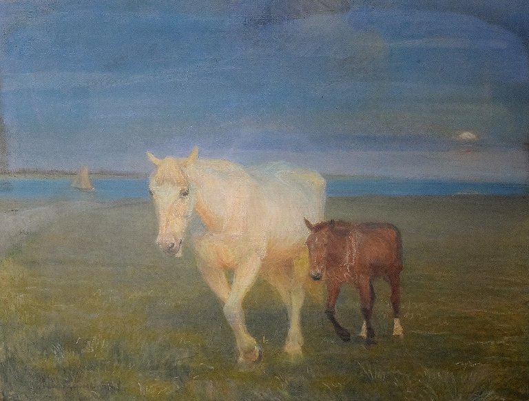 Søren Lund, Hoppe med føl på strandeng.
Pastel.