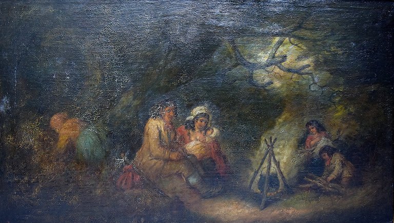 Ubekendt Old master. Olie på lærred, Fra 1700 tallets slutning, 1800-tallets 
begyndelse.
Personer omkring bål i skov.