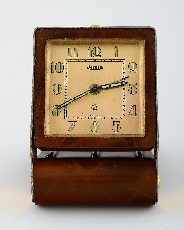 Art deco rejsevækkeur, skildpadde og messing, Jaeger (LeCoultre), omkring 1930.