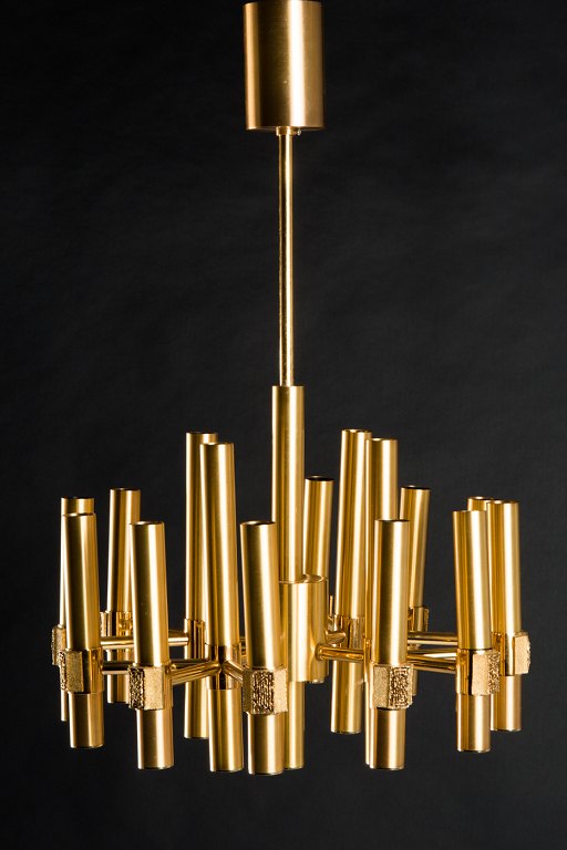 Gaetano Sciolari style: Gold plated brass ceiling lamp, Italy, 1960s / 70s.
