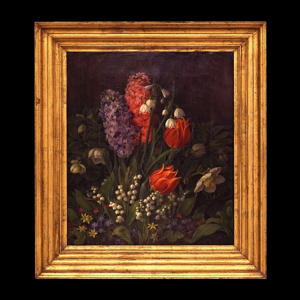 Christine Løvmand, 1803-72, Schülerin von C. W. Eckersberg, Öl auf Leinen, 
Stilleben mit Blumen. Signiert "CL". Lichtmasse: 37x31cm. Mit Rahmen: 48x42cm