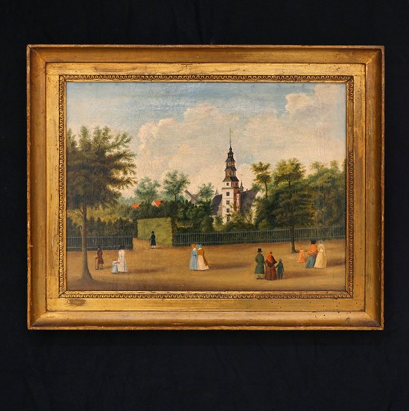 Streetview at Rosenborg Castle, Copenhagen, circa 1800. Visbile size: 36x49cm. 
With frame: 48x61cm