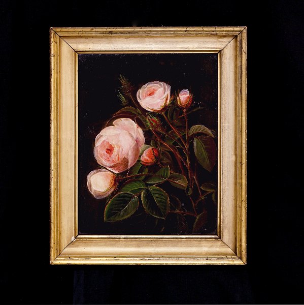 Schule I. L. Jensens: Blumengemälde mit roten Rosen, Öl auf Leinen. Dänemark um 
1830. Lichtmasse: 26,5x20cm. Mit Rahmen: 34,5x28cm