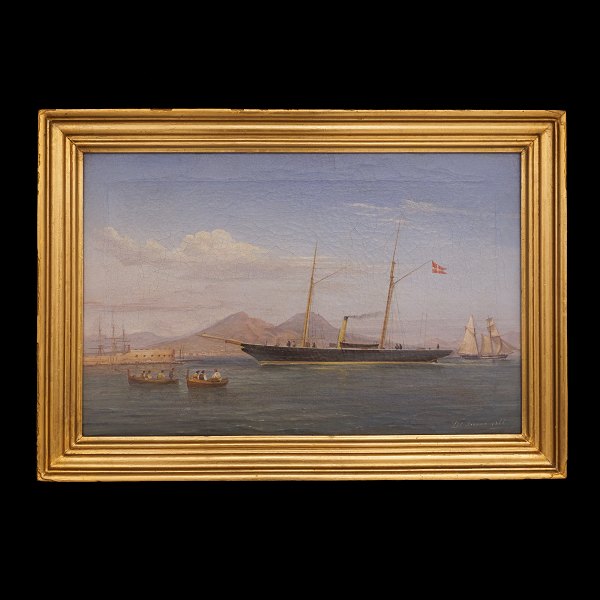 De Simone: Marinemotiv fra Italien med dansk skib. Signeret og dateret 1866. 
Lysmål: 32x49cm. Med ramme: 41x58cm