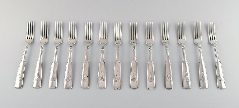 Hans Hansen silverware number 2. Set of 12 pastry forks in all silver. 
