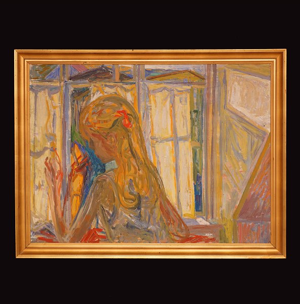 Paul Høm, 1905-94, Mädchenporträt. Öl auf Leinen. Signiert. Lichtmasse: 74x99cm. 
Mit Rahmen: 86x111cm