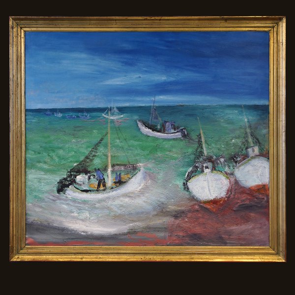 Jens Søndergaard, 1895-1957, Öl auf Leinen: "Meer. 1953". Signiert und datiert. 
Lichtmasse: 124x138cm. Mit Rahmen: 142x156cm