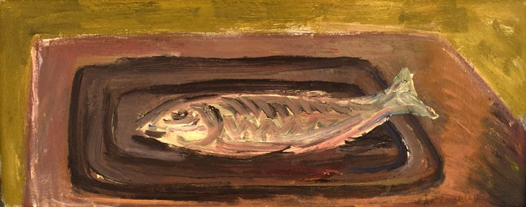 Pär Lindblad (f. 1907, d.1981), Svensk kunstner. Olie på plade. Stilleben med 
fisk. 1960