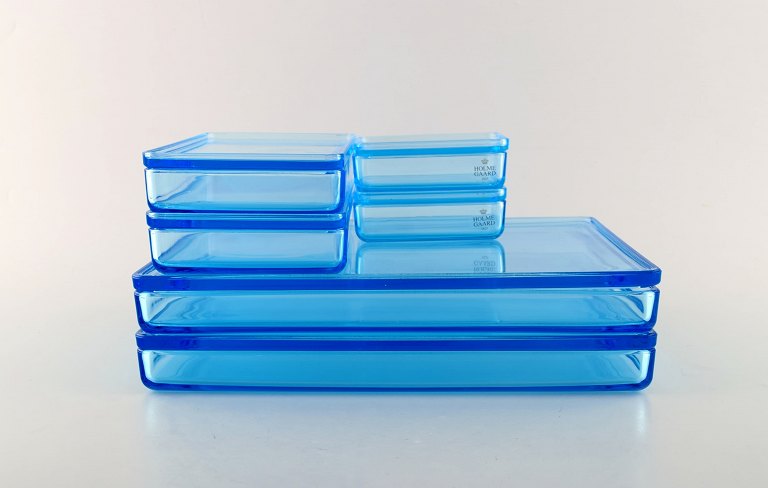 Rauff & Møldrup for Holmegaard, Denmark. Set of 6 Thurø storage boxes of 
turquoise blue art glass.