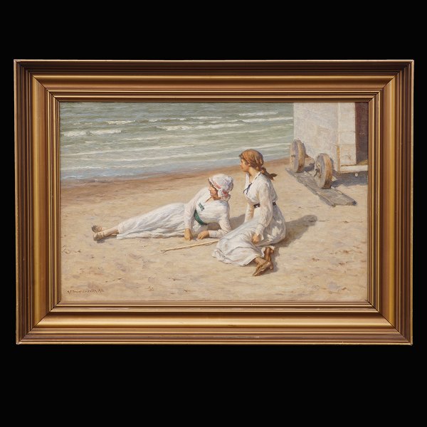 N. F. Schiøttz-Jensen, 1855-1941: Zwei Frauen am Strand in Lønstrup. Öl auf 
Leinen. Signiert und datiert 1916. Lichtmasse: 39x60cm. Mit Rahmen: 56x77cm