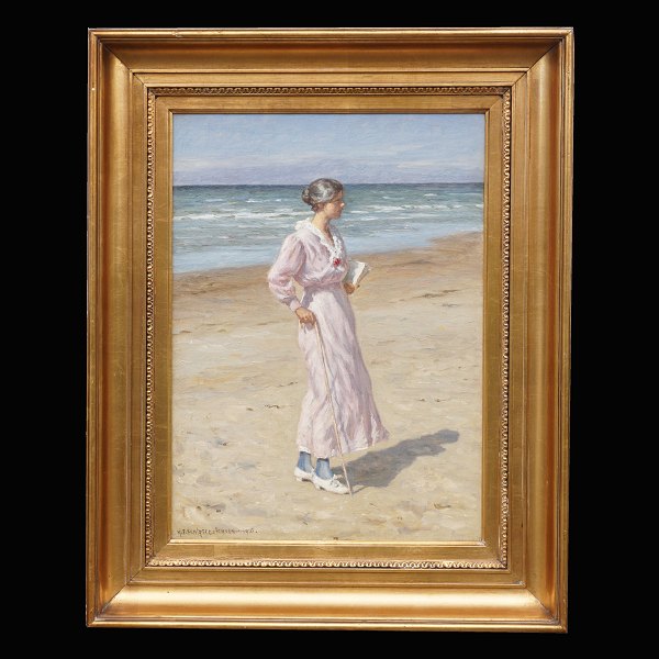 N. F. Schiøttz-Jensen, 1855-1941: Frau am Strand Lønstrup. Öl auf Leinen. 
Signiert und datiert 1916. Lichtmasse: 48x34cm. Mit Rahmen: 66x80cm