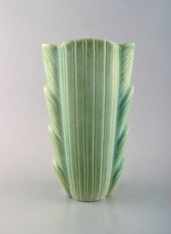 Rörstand. Art deco vase in glazed ceramics. Beautiful delicate light green 
glaze. Mid 20th century.