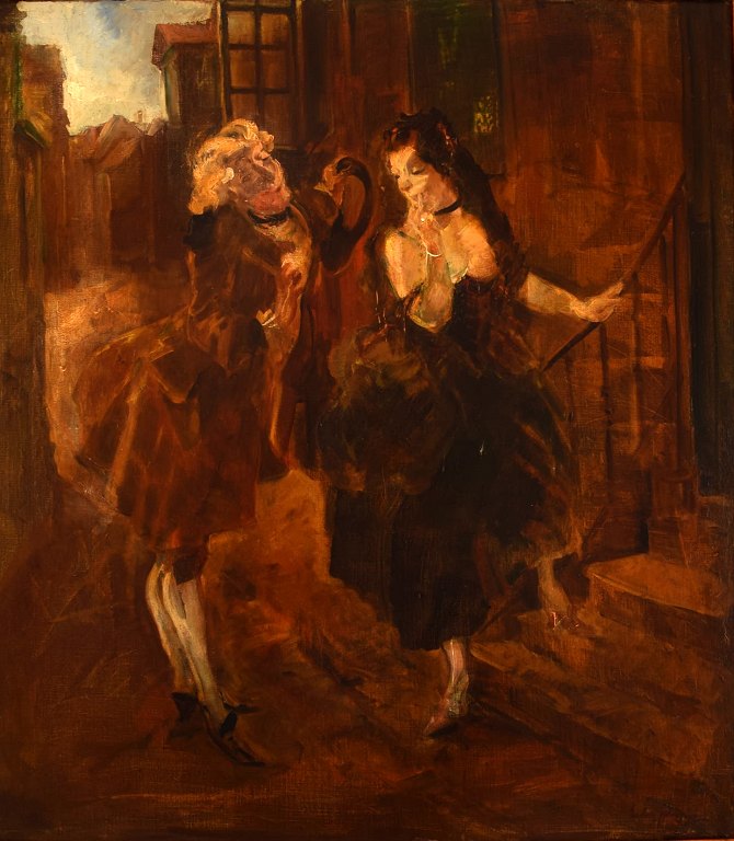 Ludvig Jacobsen f. Odense 1890, d. Vanløse 1957. Efter Ludvig Holberg scene. 
Olie på lærred. Bejler i rokoko klæder. 1930