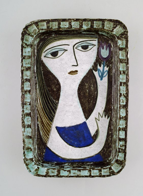 Mari Simmulson for Upsala-Ekeby. Dish in glazed stoneware with portrait of 
woman. 1960