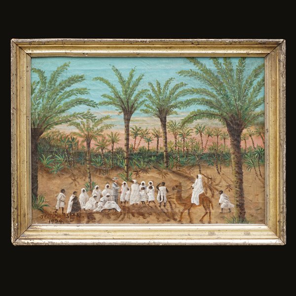 "J. Giödesen 1924": Landscape with persons and palms. Signed. Oil on canvas. 
Visible size: 23x31cm. With frame: 28x36cm