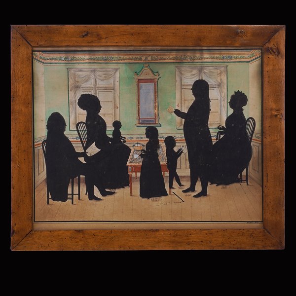 Silhouette painting showing af family. Watercolor. Signed "Bruun 1832". Visible 
size: 34x44cm. With frame: 42x52cm