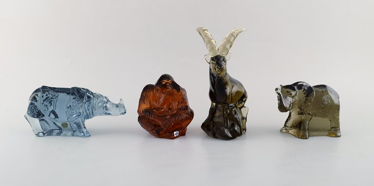 Paul Hoff for "Svenskt Glass". Four art glass figures in shape of a capricorn, 
rhino, orangutan and elefant. WWF. Mid 20th century.
