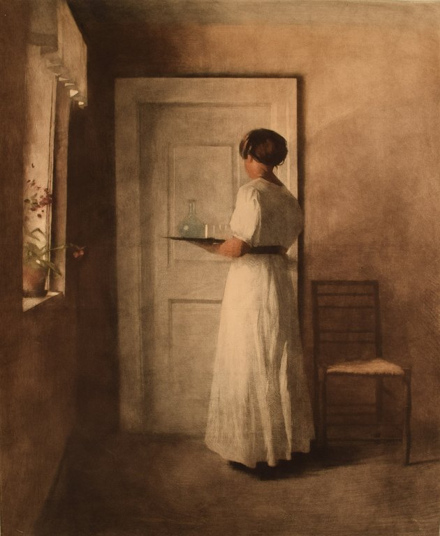 Peter Ilsted b. Sakskøbing 1861, d. Copenhagen 1933 : "Girl With a Tray". 1915. 
Opus 33. 
